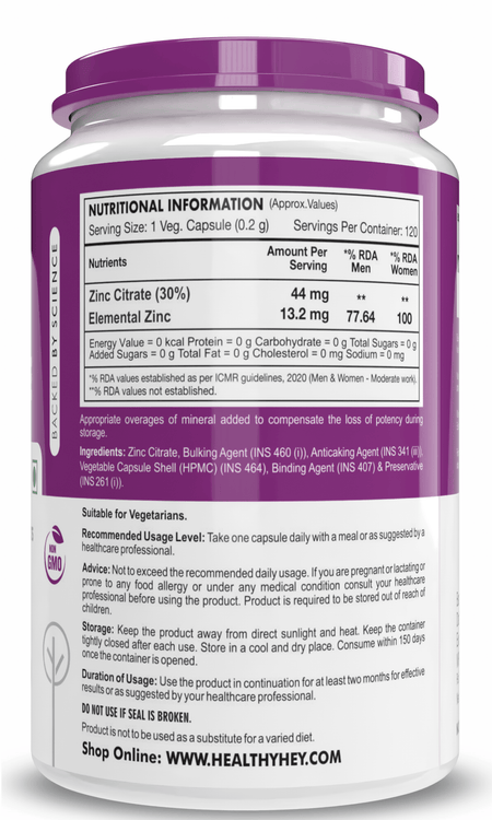 HealthyHey Nutrition Capsule Zinc Citrate, Supports Immune and Immunity - 120 Veg Capsules