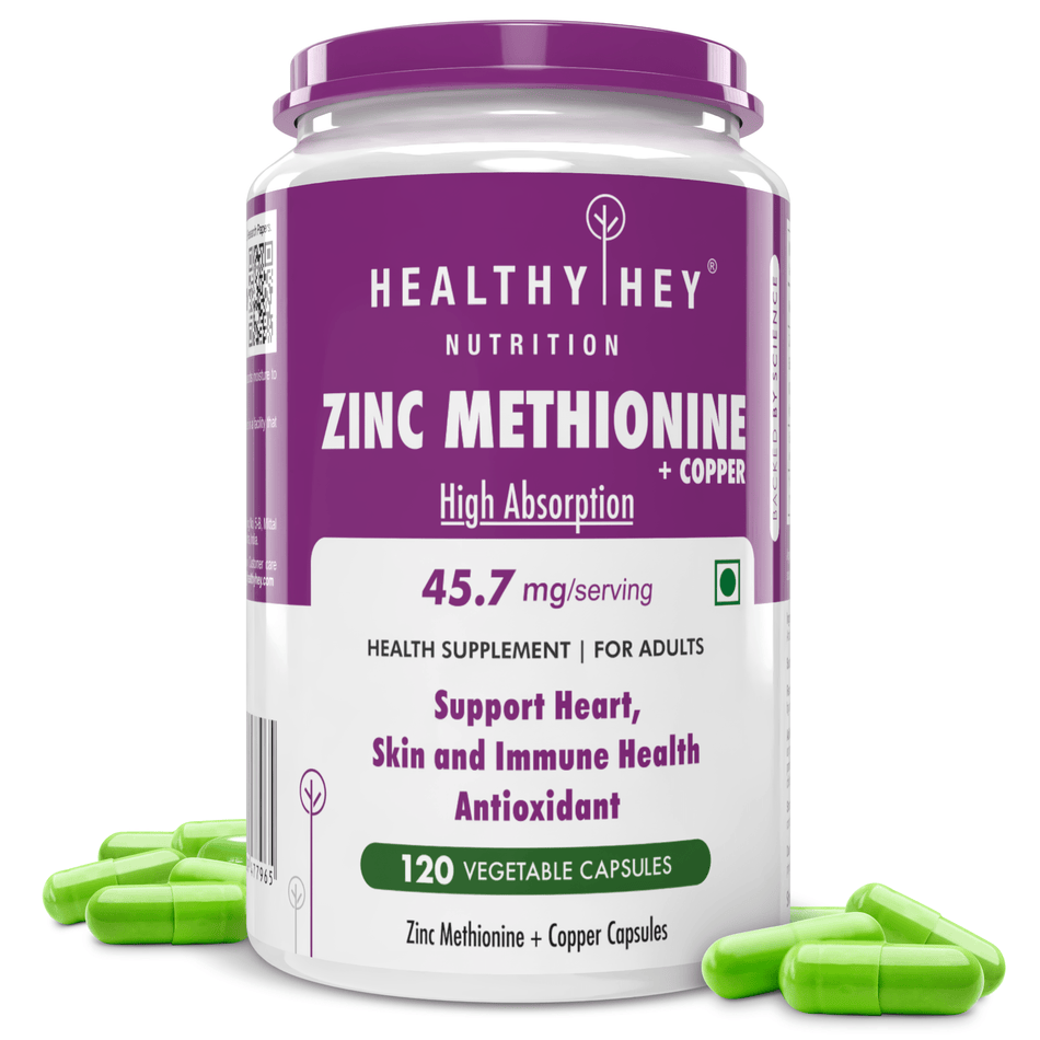 HealthyHey Nutrition Capsule Zinc Methionine Plus Copper, Supports Immune and Antioxidant Protection - 120 Veg Capsules