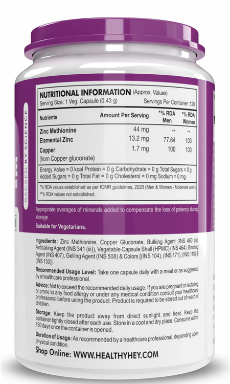 HealthyHey Nutrition Capsule Zinc Methionine Plus Copper, Supports Immune and Antioxidant Protection - 120 Veg Capsules