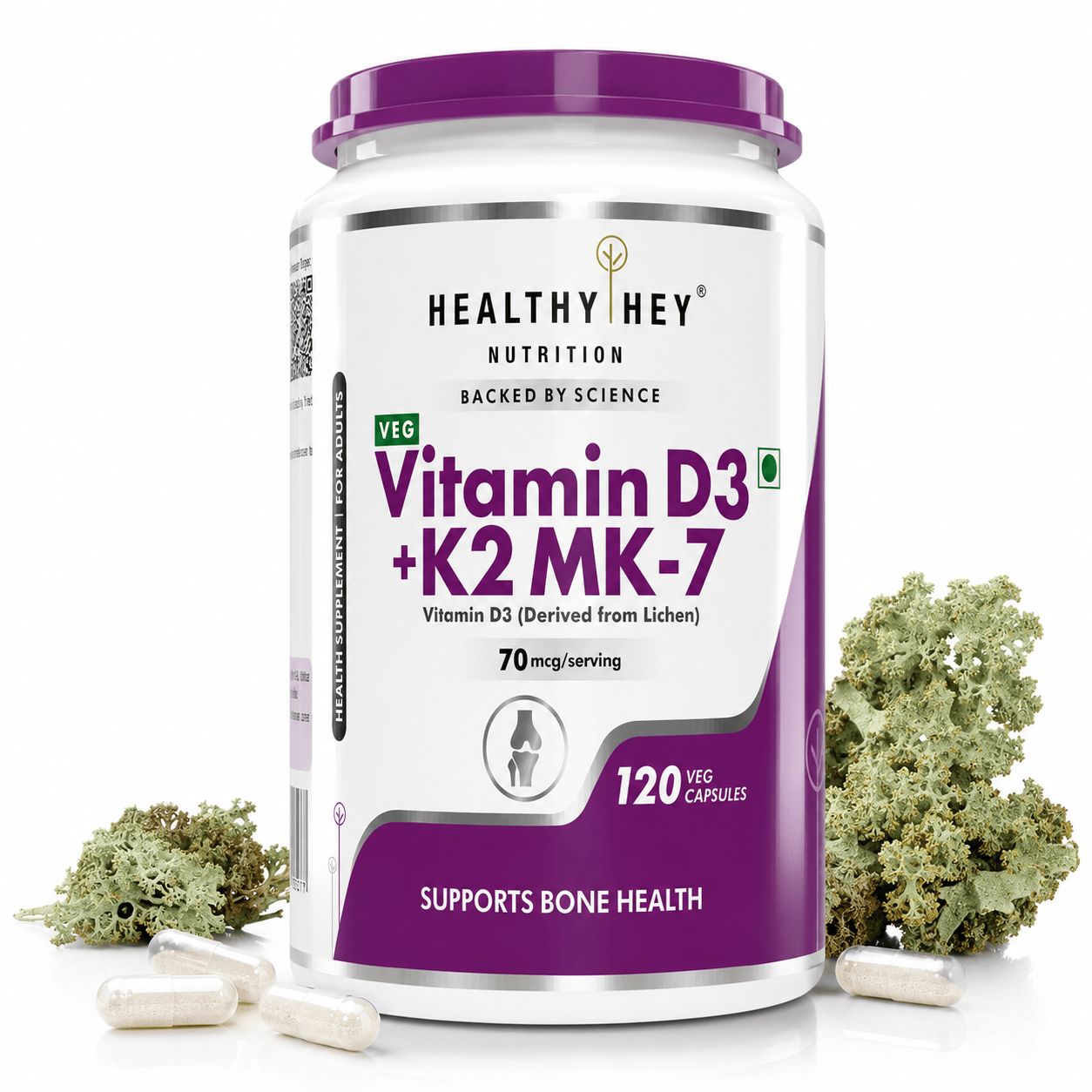 HealthyHey Nutrition Capsules 120 Vitamin D3 +K2 MK-7 Supplement Capsules | D3 Derived From Lichen Supports Bone Heath