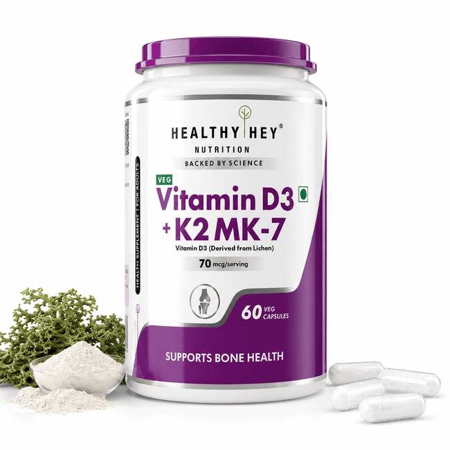 HealthyHey Nutrition Capsules 60 Vitamin D3 +K2 MK-7 Supplement Capsules | D3 Derived From Lichen Supports Bone Heath