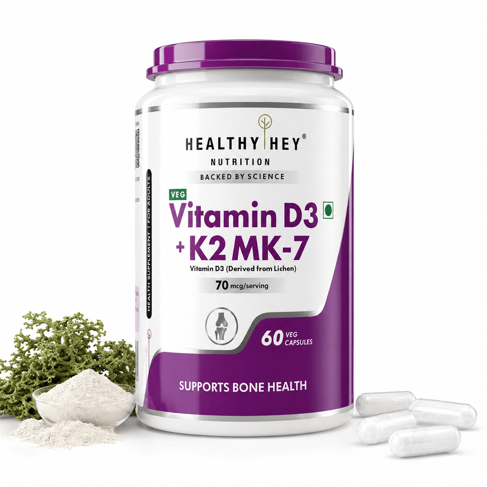 HealthyHey Nutrition Capsules 60 Vitamin D3 +K2 MK-7 Supplement Capsules | D3 Derived From Lichen Supports Bone Heath