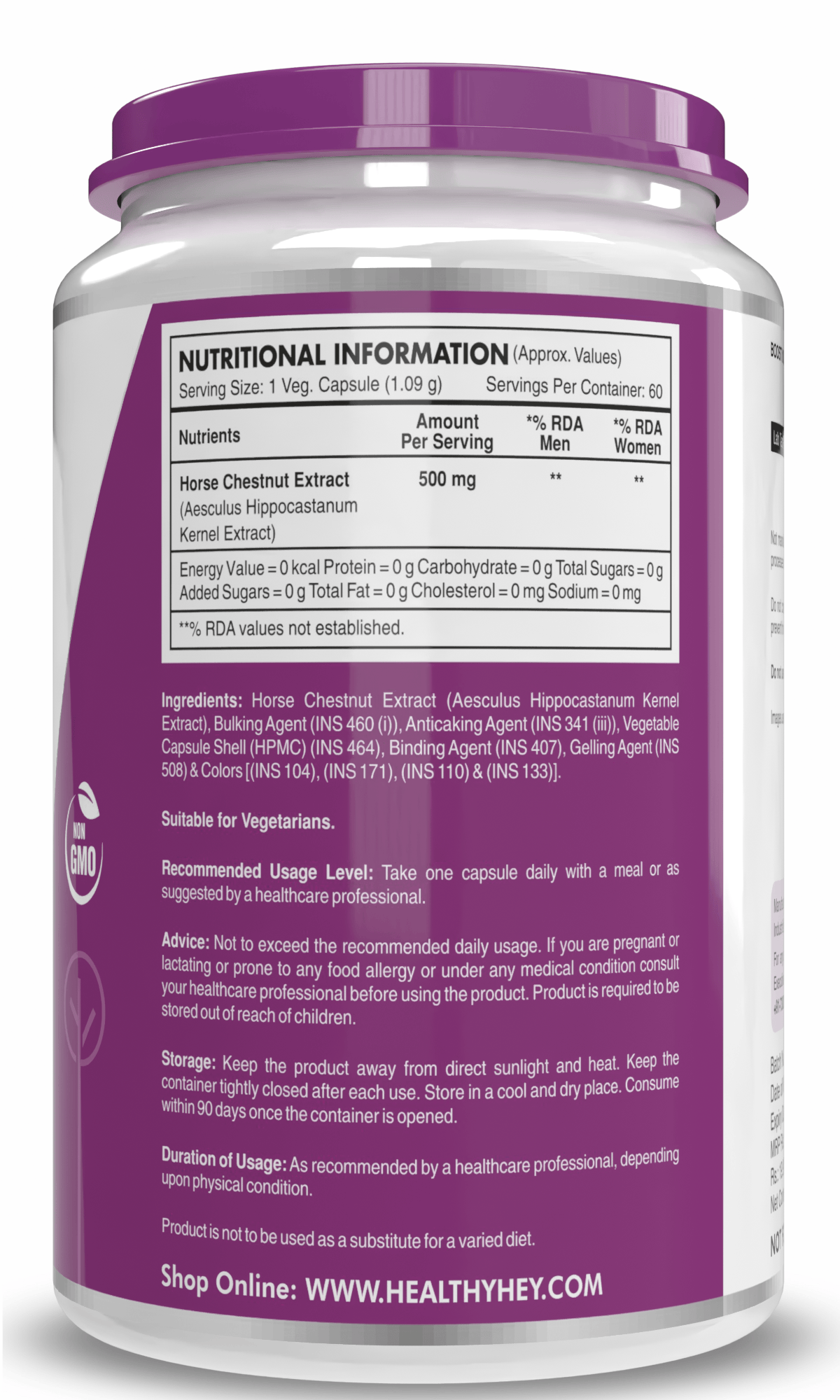 HealthyHey Nutrition Capsules Horse Chestnut Kernel Extract Supports healthy Leg vein function helps maintain healthy fluid balance circulatory system supports 60 Vegetable Capsules