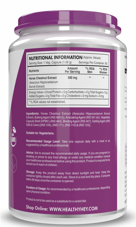 HealthyHey Nutrition Capsules Horse Chestnut Kernel Extract Supports healthy Leg vein function helps maintain healthy fluid balance circulatory system supports 60 Vegetable Capsules