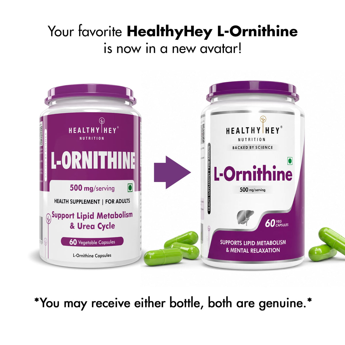 HealthyHey Nutrition Capsules L-Ornithine,Support Lipid Metabolism & urea cycle 60 Veg Capsules
