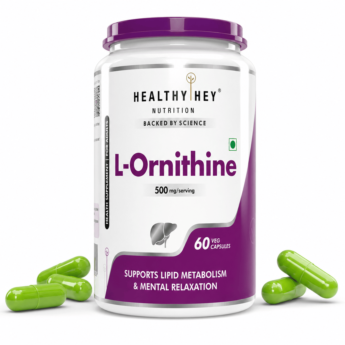 HealthyHey Nutrition Capsules L-Ornithine,Support Lipid Metabolism & urea cycle 60 Veg Capsules