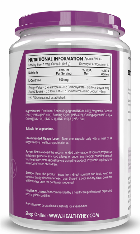 HealthyHey Nutrition Capsules L-Ornithine,Support Lipid Metabolism & urea cycle 60 Veg Capsules