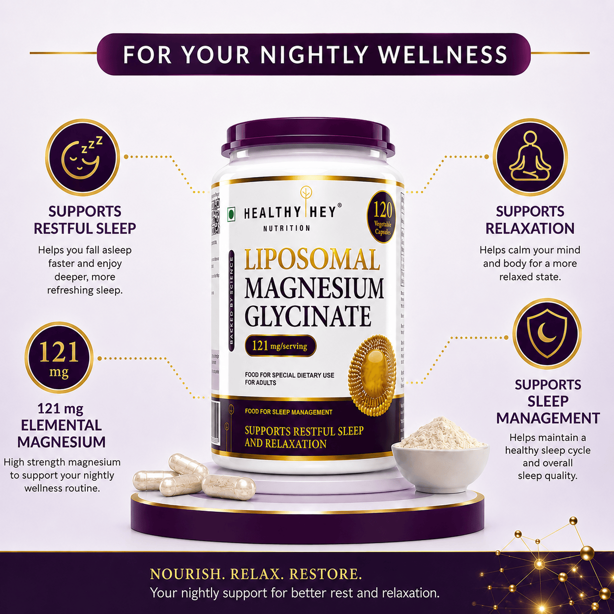 HealthyHey Nutrition Capsules Liposomal Magnesium Glycinate Supports Restful Sleep And Relaxation 120 Veg Capsules