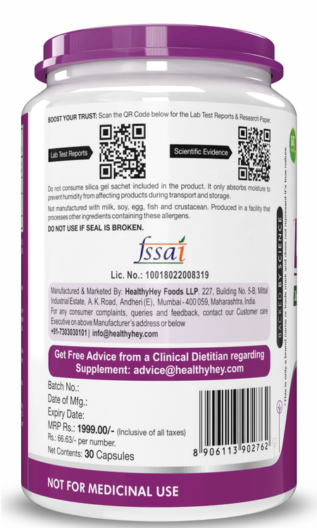 HealthyHey Nutrition Capsules LongeviT - L-Ergothioneine - Known as Live-Longer Supplements - 30 Vegetable Capsules