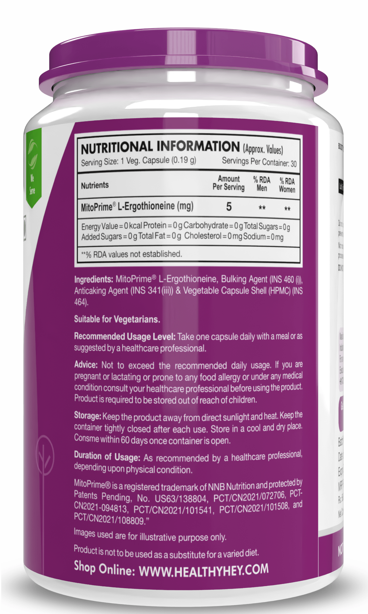 HealthyHey Nutrition Capsules LongeviT - L-Ergothioneine - Known as Live-Longer Supplements - 30 Vegetable Capsules