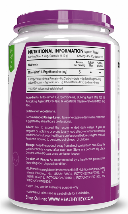 HealthyHey Nutrition Capsules LongeviT - L-Ergothioneine - Known as Live-Longer Supplements - 30 Vegetable Capsules