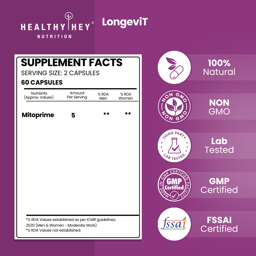 HealthyHey Nutrition Capsules LongeviT - L-Ergothioneine - Known as Live-Longer Supplements - 30 Vegetable Capsules