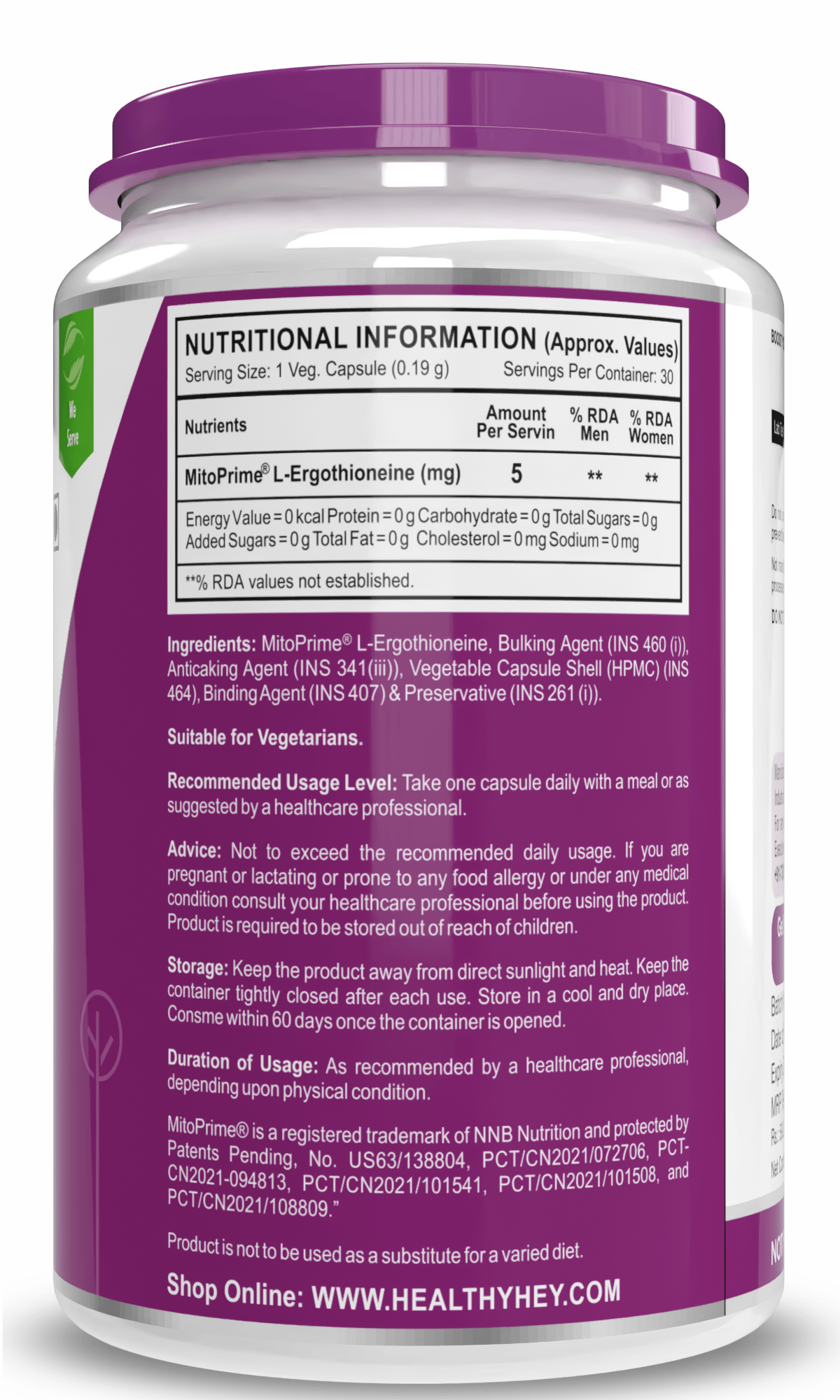 HealthyHey Nutrition Capsules LongeviT - L-Ergothioneine - Known as Live-Longer Supplements - 30 Vegetable Capsules