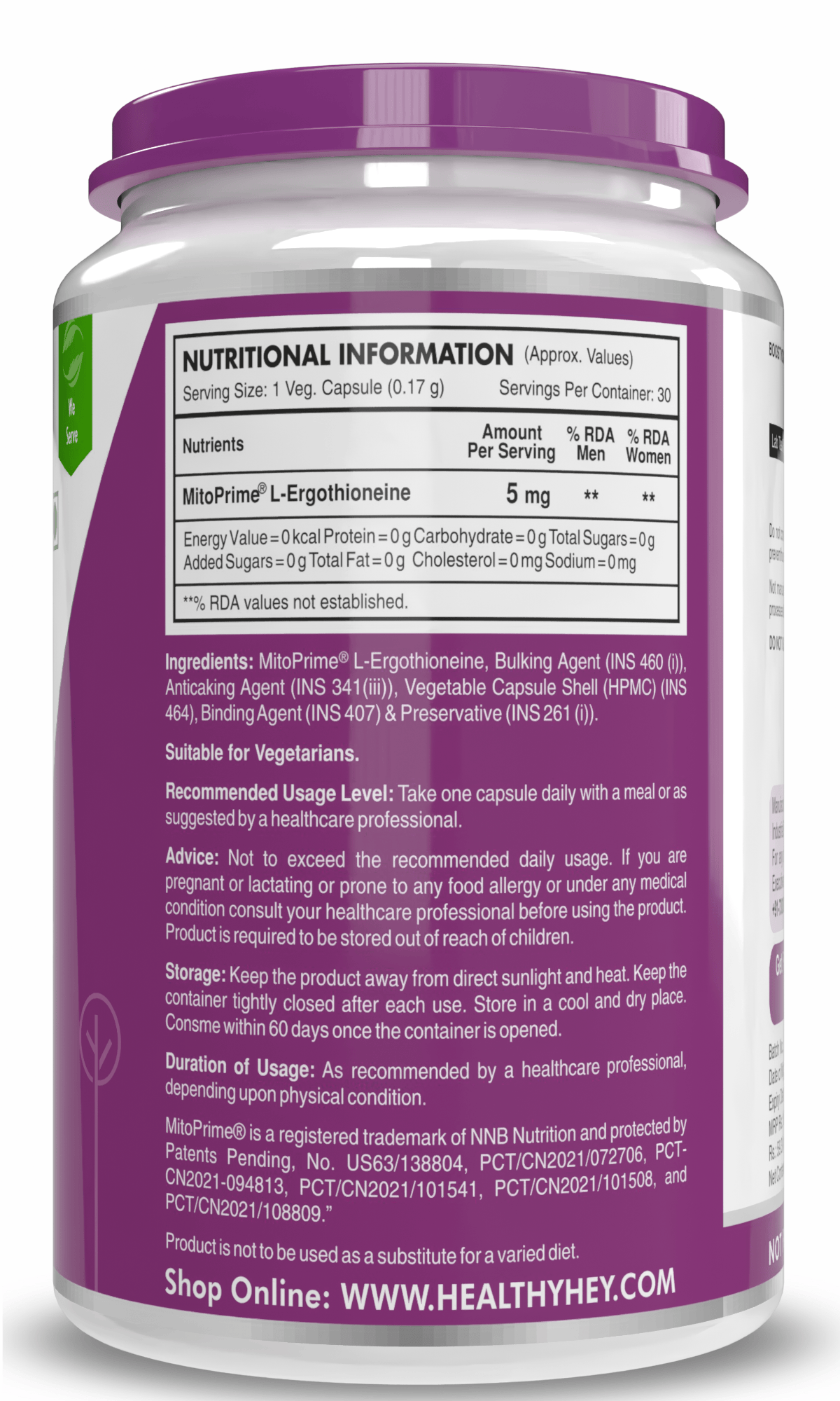 HealthyHey Nutrition Capsules LongeviT - L-Ergothioneine - Known as Live-Longer Supplements - 30 Vegetable Capsules