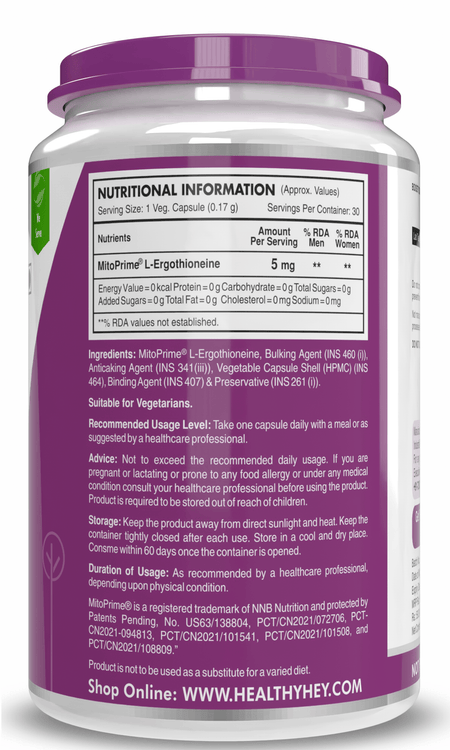 HealthyHey Nutrition Capsules LongeviT - L-Ergothioneine - Known as Live-Longer Supplements - 30 Vegetable Capsules