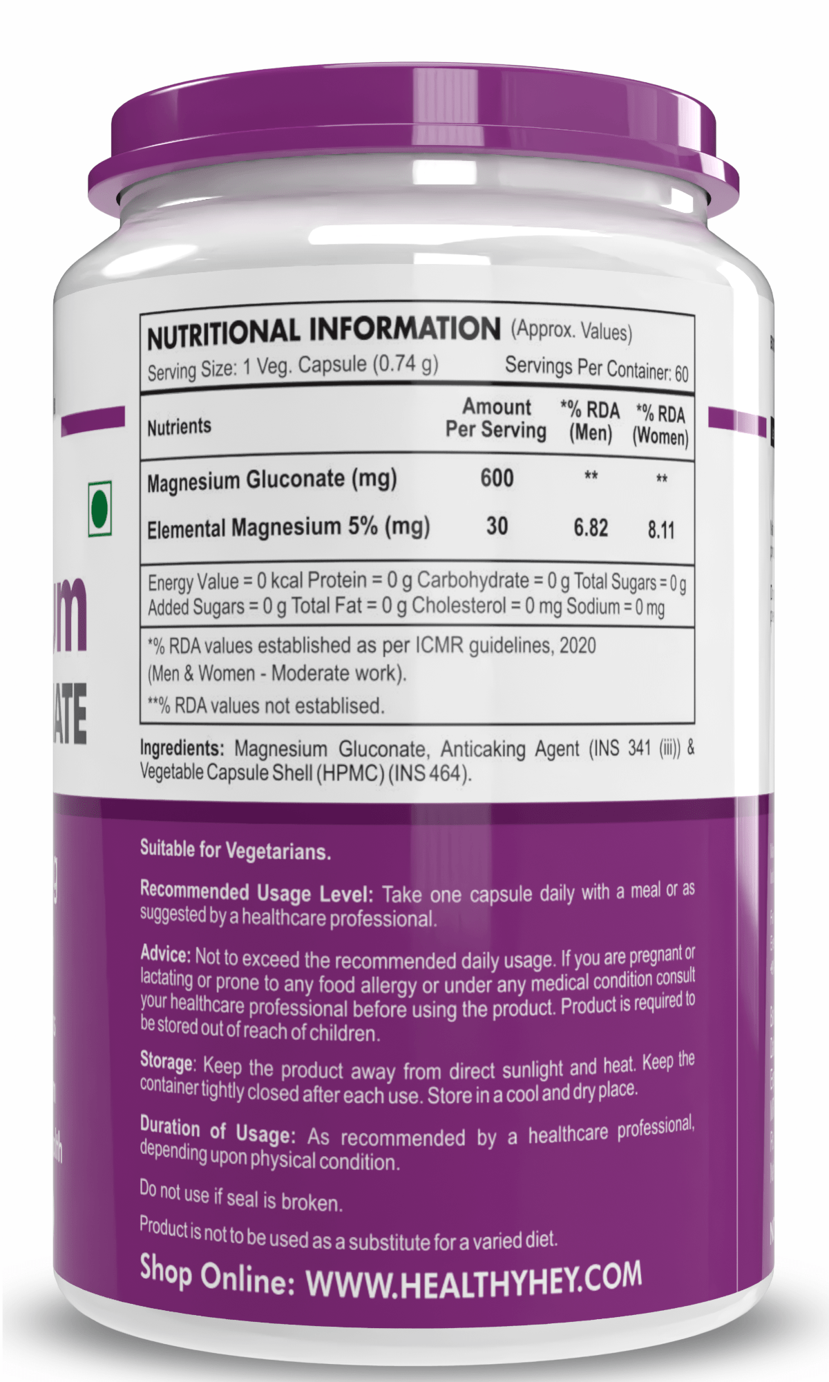 HealthyHey Nutrition Capsules Magnesium Gluconate Supports Nervous System, Supports Heart & Bone Health,  60 Vegetable Capsules