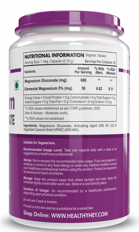 HealthyHey Nutrition Capsules Magnesium Gluconate Supports Nervous System, Supports Heart & Bone Health,  60 Vegetable Capsules