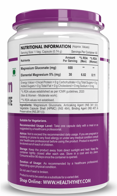 HealthyHey Nutrition Capsules Magnesium Gluconate Supports Nervous System, Supports Heart & Bone Health,  60 Vegetable Capsules