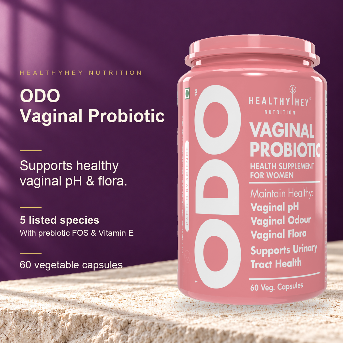 HealthyHey ODO Vaginal Probiotic, 60 vegetable capsules.