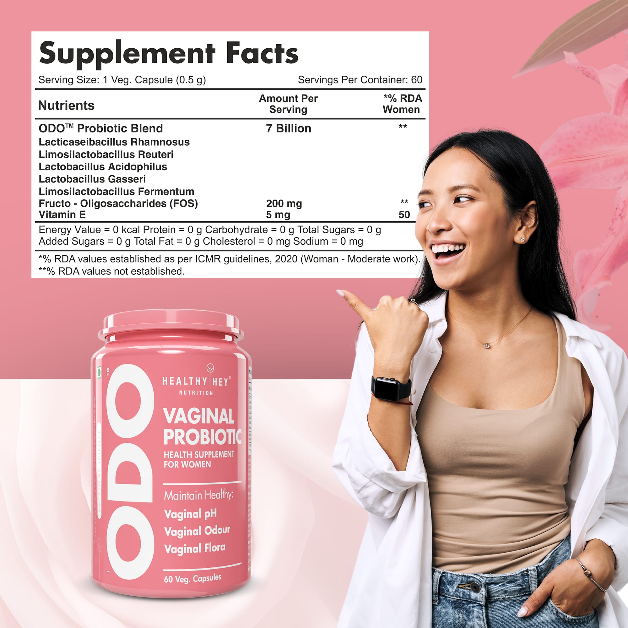 HealthyHey Nutrition Capsules ODO Vaginal Probiotics for Women pH Balance, Reduces Vaginal Odour, Vaginal Flora, Prevents Recurrent UTIs, Fights Vaginal Infections | Health Supplement.