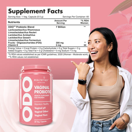HealthyHey Nutrition Capsules ODO Vaginal Probiotics for Women pH Balance, Reduces Vaginal Odour, Vaginal Flora, Prevents Recurrent UTIs, Fights Vaginal Infections | Health Supplement.