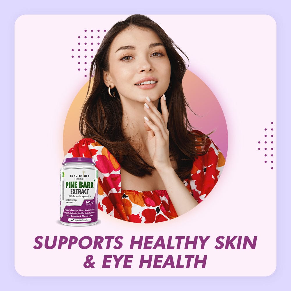 HealthyHey Nutrition Capsules Pine Bark Extract Supports Skin,Eye,Heart & Joint Health Helps to Maintain Healthy Brain Function,Blood Circulation & Glucose Levels 60 Vegetable Capsules