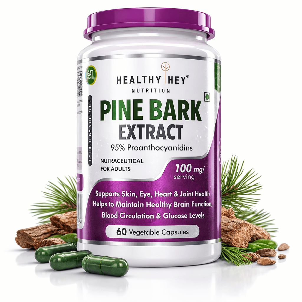 HealthyHey Nutrition Capsules Pine Bark Extract Supports Skin,Eye,Heart & Joint Health Helps to Maintain Healthy Brain Function,Blood Circulation & Glucose Levels 60 Vegetable Capsules