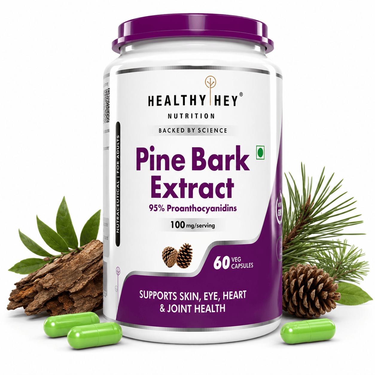 HealthyHey Nutrition Capsules Pine Bark Extract Supports Skin,Eye,Heart & Joint Health Helps to Maintain Healthy Brain Function,Blood Circulation & Glucose Levels 60 Vegetable Capsules