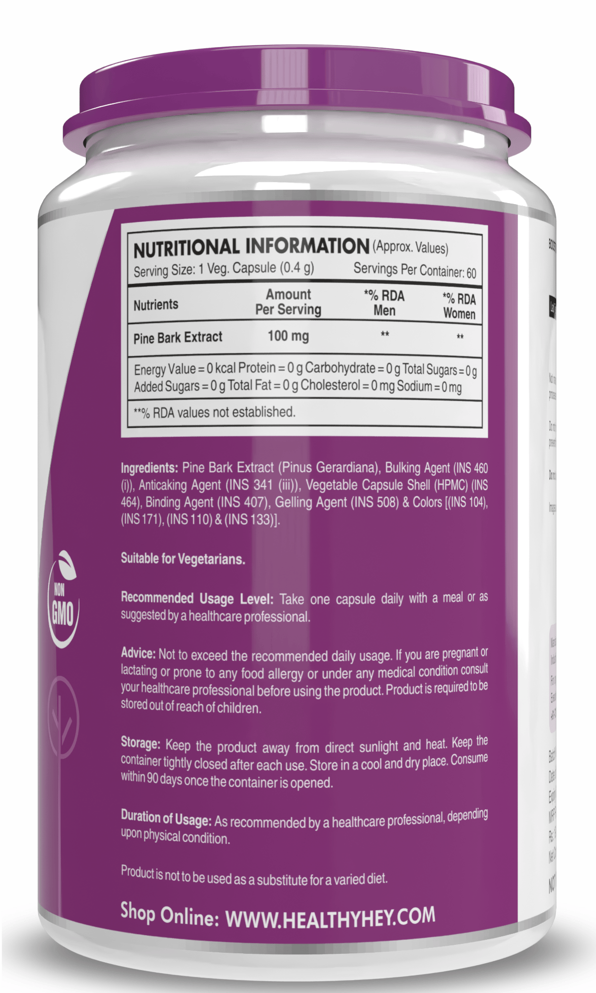 HealthyHey Nutrition Capsules Pine Bark Extract Supports Skin,Eye,Heart & Joint Health Helps to Maintain Healthy Brain Function,Blood Circulation & Glucose Levels 60 Vegetable Capsules