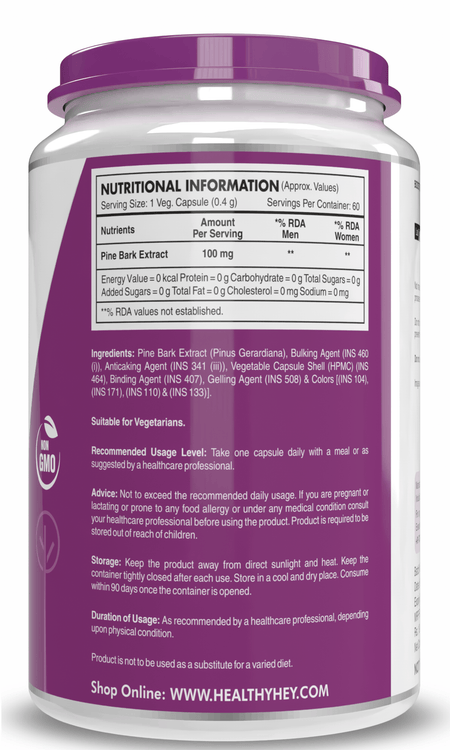 HealthyHey Nutrition Capsules Pine Bark Extract Supports Skin,Eye,Heart & Joint Health Helps to Maintain Healthy Brain Function,Blood Circulation & Glucose Levels 60 Vegetable Capsules