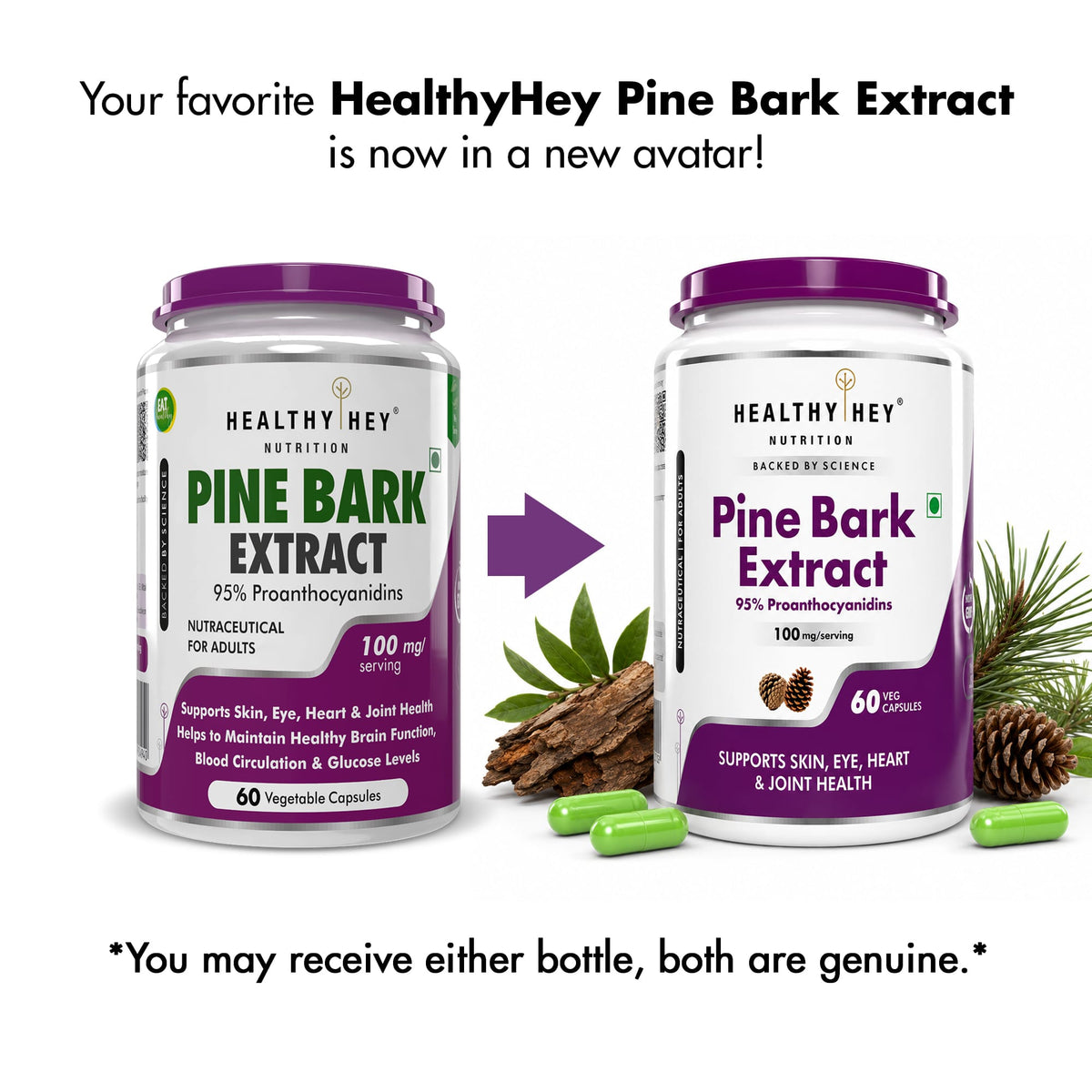HealthyHey Nutrition Capsules Pine Bark Extract Supports Skin,Eye,Heart & Joint Health Helps to Maintain Healthy Brain Function,Blood Circulation & Glucose Levels 60 Vegetable Capsules