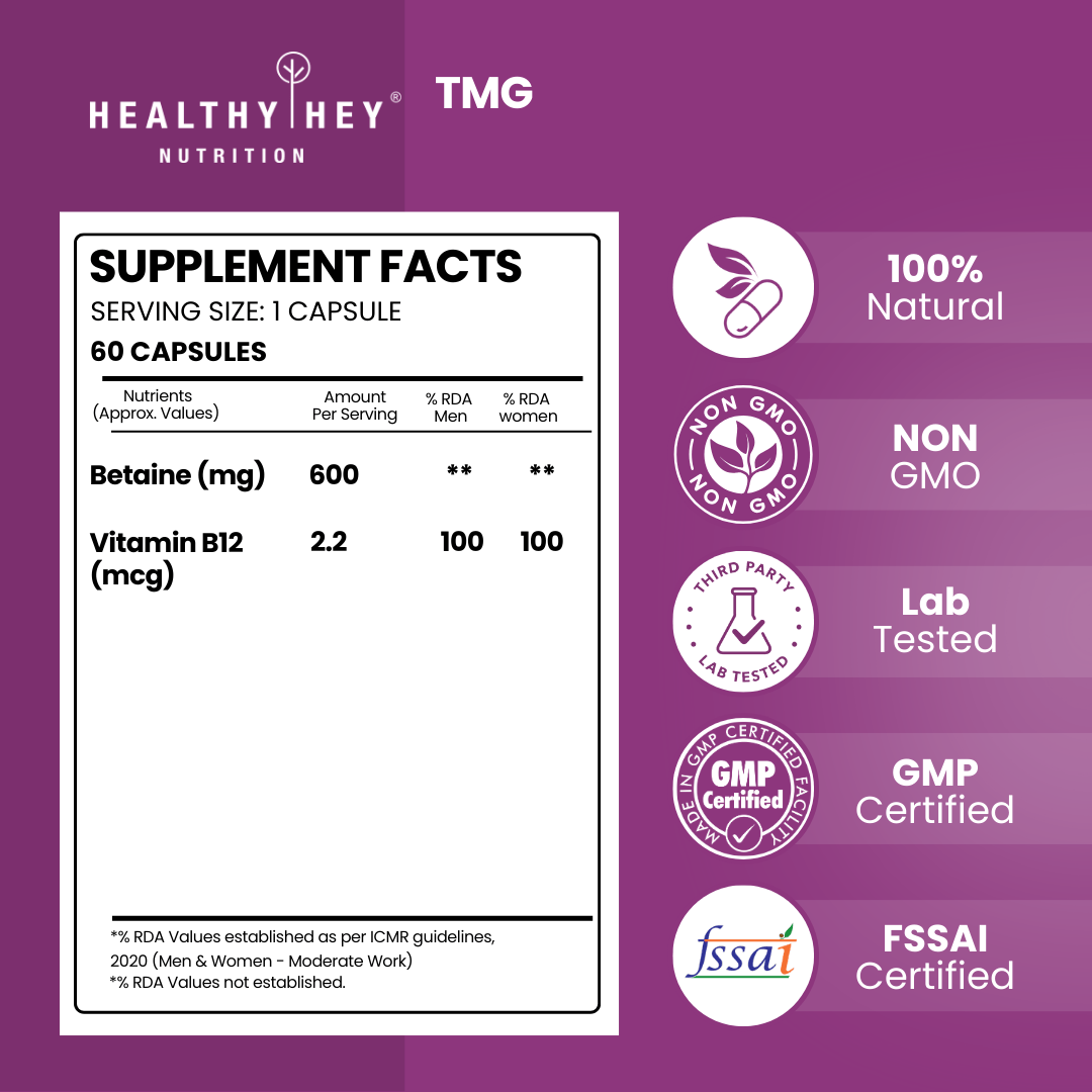 HealthyHey Nutrition Capsules TMG trimethylglycine with Vitamin B12 - 60 vegetable capsules