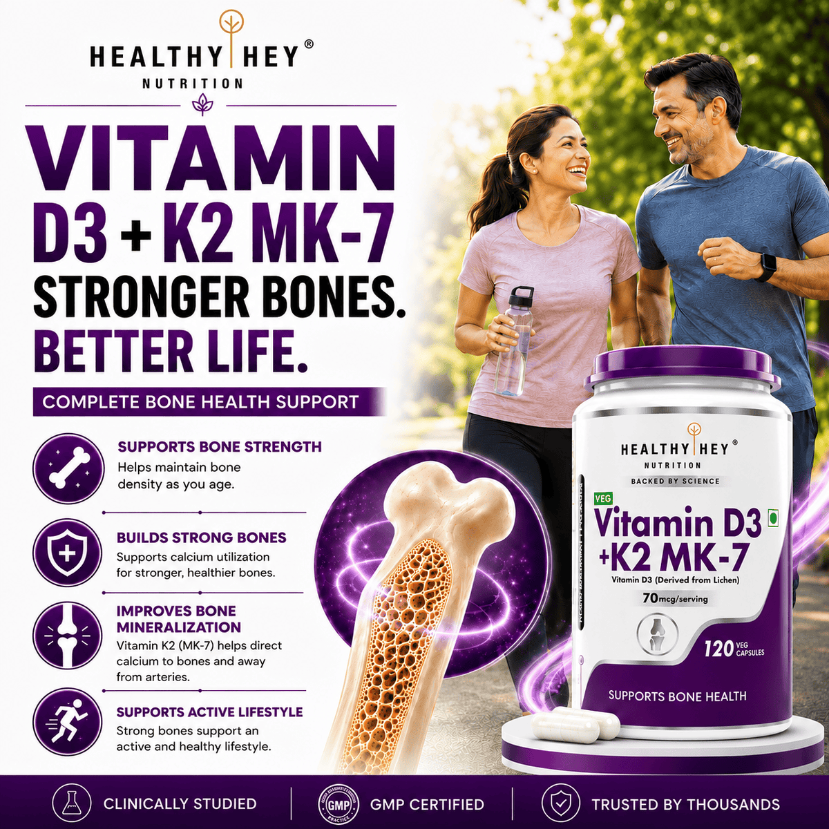HealthyHey Nutrition Capsules Vitamin D3 +K2 MK-7 Supplement Capsules | D3 Derived From Lichen Supports Bone Heath