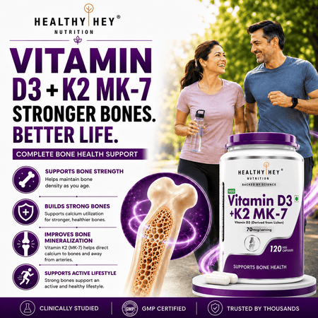 HealthyHey Nutrition Capsules Vitamin D3 +K2 MK-7 Supplement Capsules | D3 Derived From Lichen Supports Bone Heath