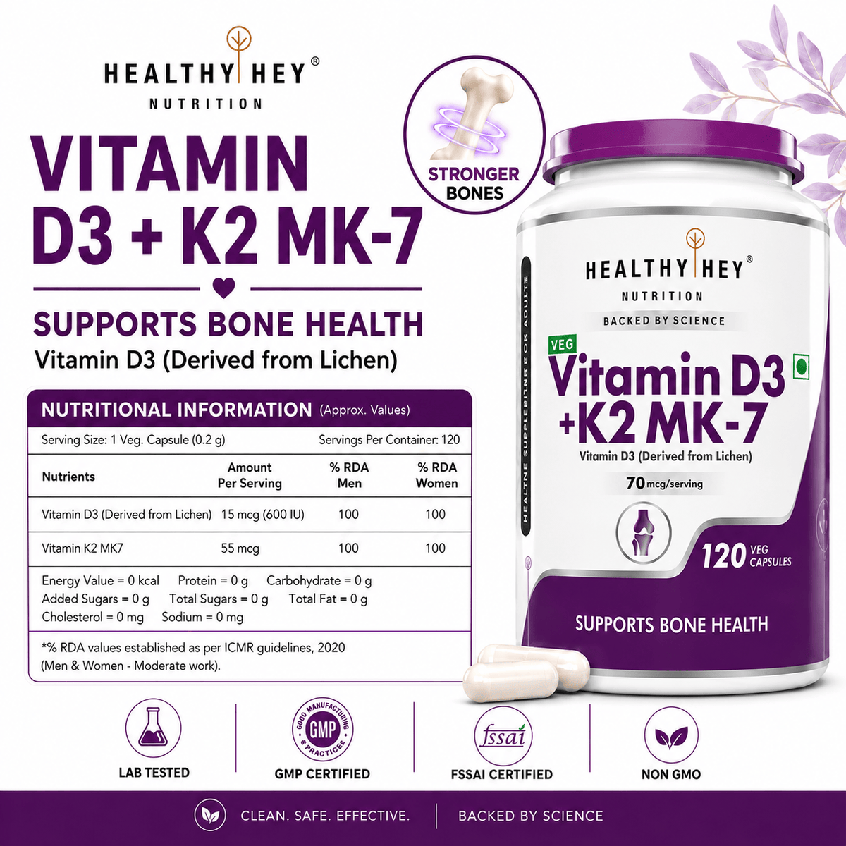HealthyHey Nutrition Capsules Vitamin D3 +K2 MK-7 Supplement Capsules | D3 Derived From Lichen Supports Bone Heath