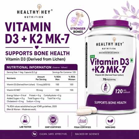 HealthyHey Nutrition Capsules Vitamin D3 +K2 MK-7 Supplement Capsules | D3 Derived From Lichen Supports Bone Heath