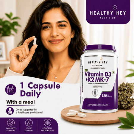 HealthyHey Nutrition Capsules Vitamin D3 +K2 MK-7 Supplement Capsules | D3 Derived From Lichen Supports Bone Heath