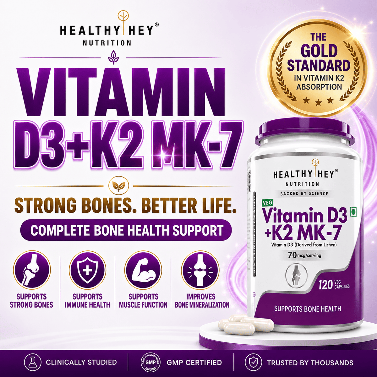 HealthyHey Nutrition Capsules Vitamin D3 +K2 MK-7 Supplement Capsules | D3 Derived From Lichen Supports Bone Heath