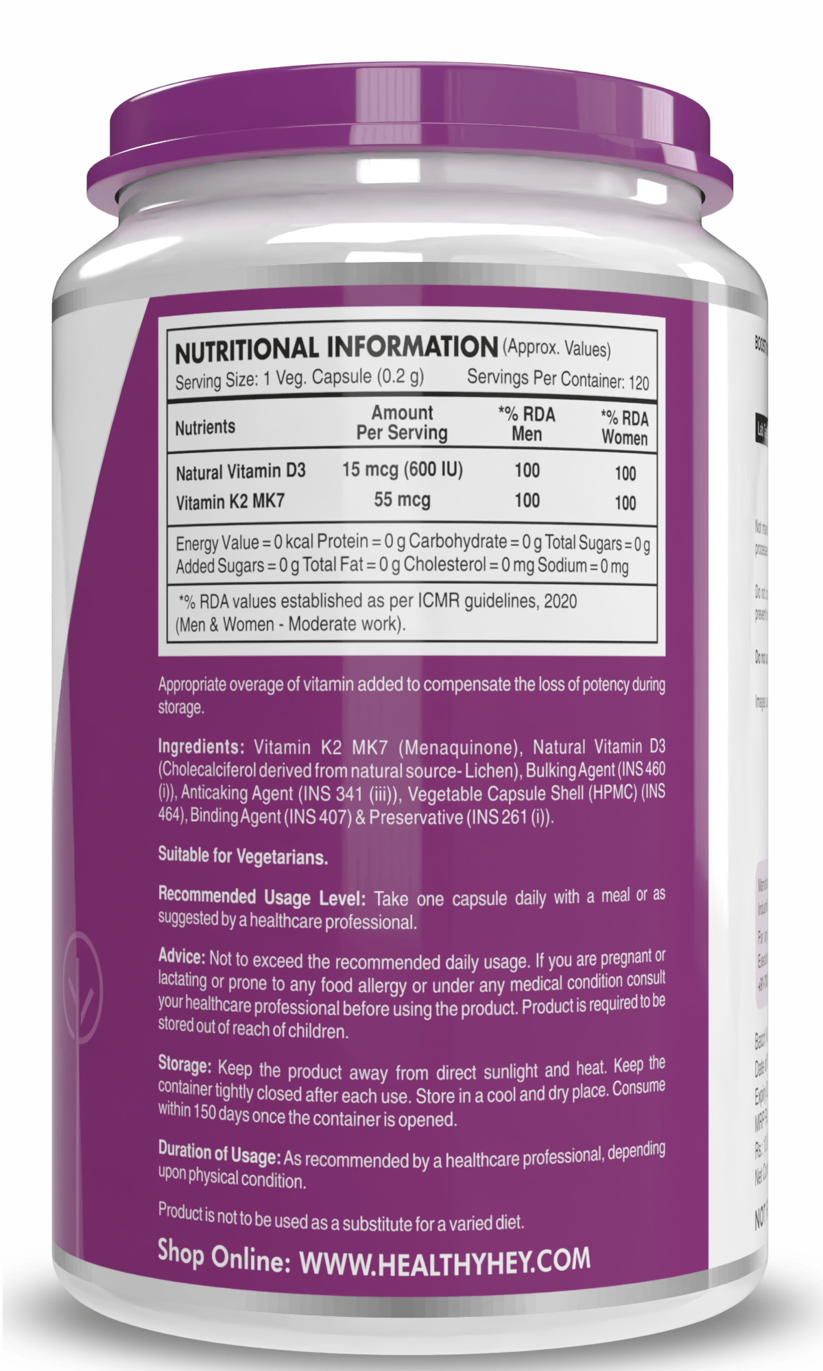HealthyHey Nutrition Capsules Vitamin D3 +K2 MK-7 Supplement Capsules | D3 Derived From Lichen Supports Bone Heath