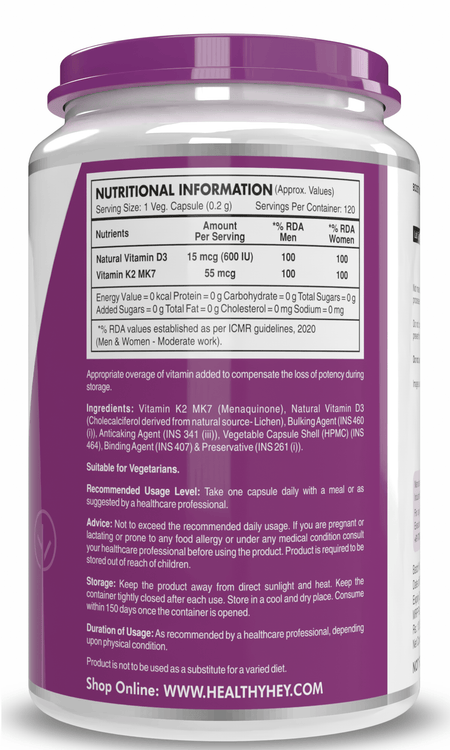 HealthyHey Nutrition Capsules Vitamin D3 +K2 MK-7 Supplement Capsules | D3 Derived From Lichen Supports Bone Heath