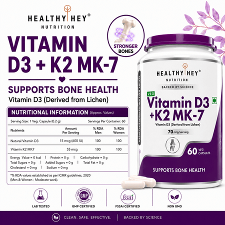 HealthyHey Nutrition Capsules Vitamin D3 +K2 MK-7 Supplement Capsules | D3 Derived From Lichen Supports Bone Heath