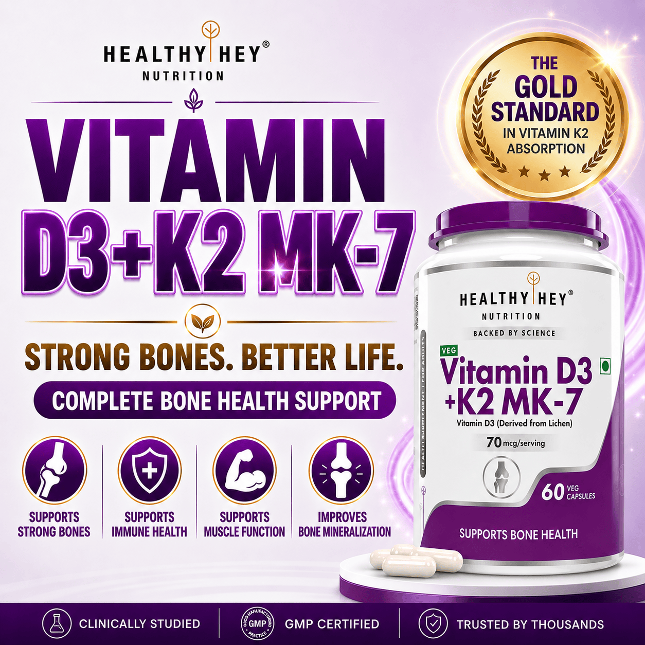 HealthyHey Nutrition Capsules Vitamin D3 +K2 MK-7 Supplement Capsules | D3 Derived From Lichen Supports Bone Heath