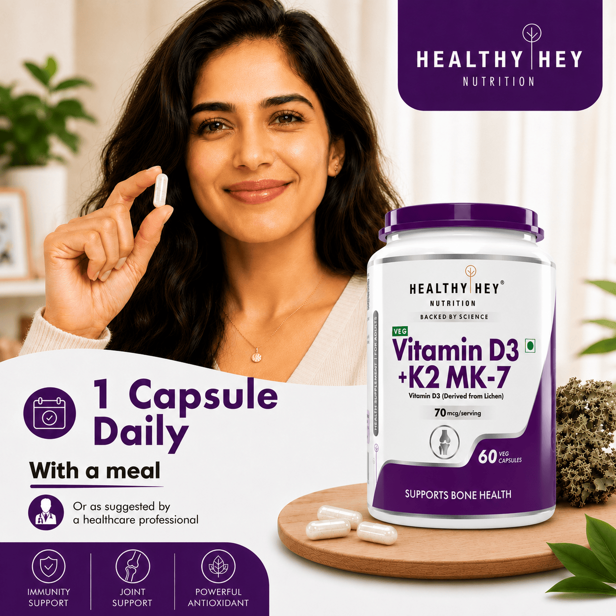 HealthyHey Nutrition Capsules Vitamin D3 +K2 MK-7 Supplement Capsules | D3 Derived From Lichen Supports Bone Heath