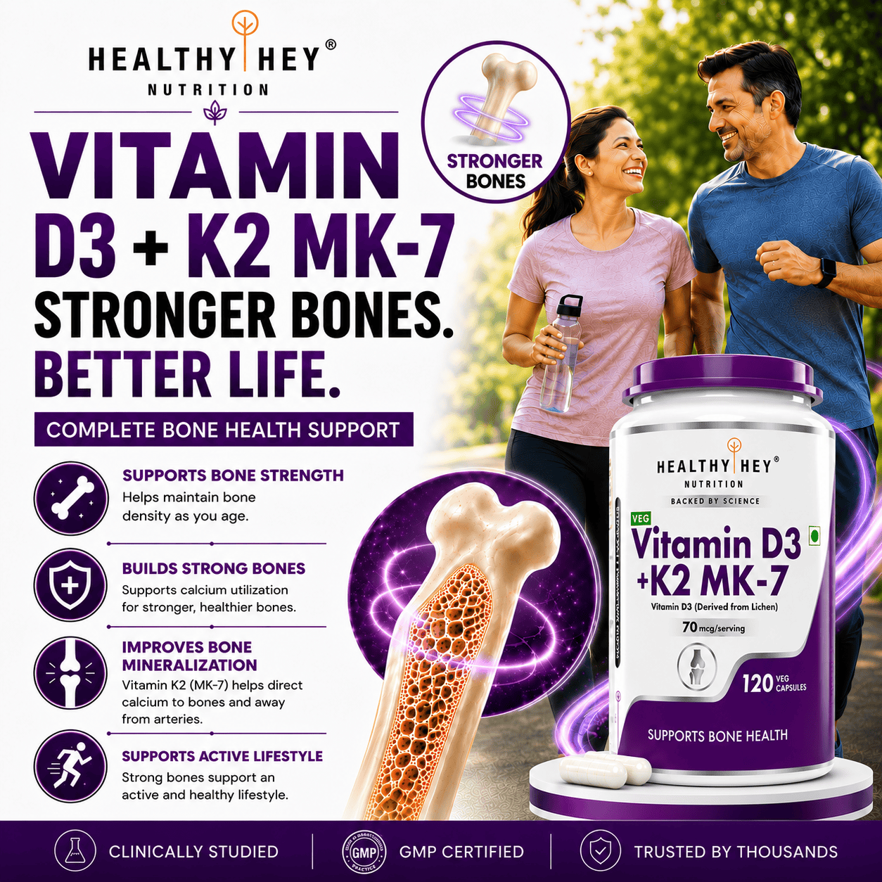 HealthyHey Nutrition Capsules Vitamin D3 +K2 MK-7 Supplement Capsules | D3 Derived From Lichen Supports Bone Heath