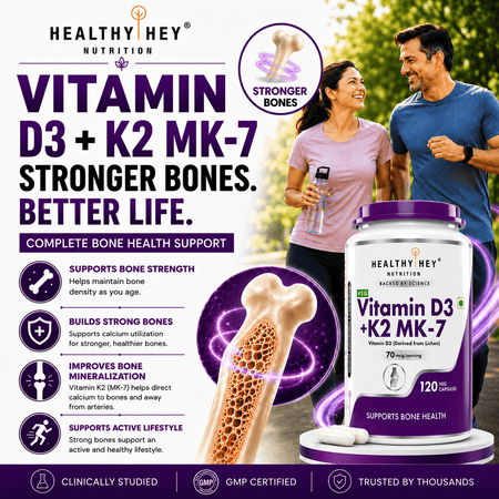 HealthyHey Nutrition Capsules Vitamin D3 +K2 MK-7 Supplement Capsules | D3 Derived From Lichen Supports Bone Heath