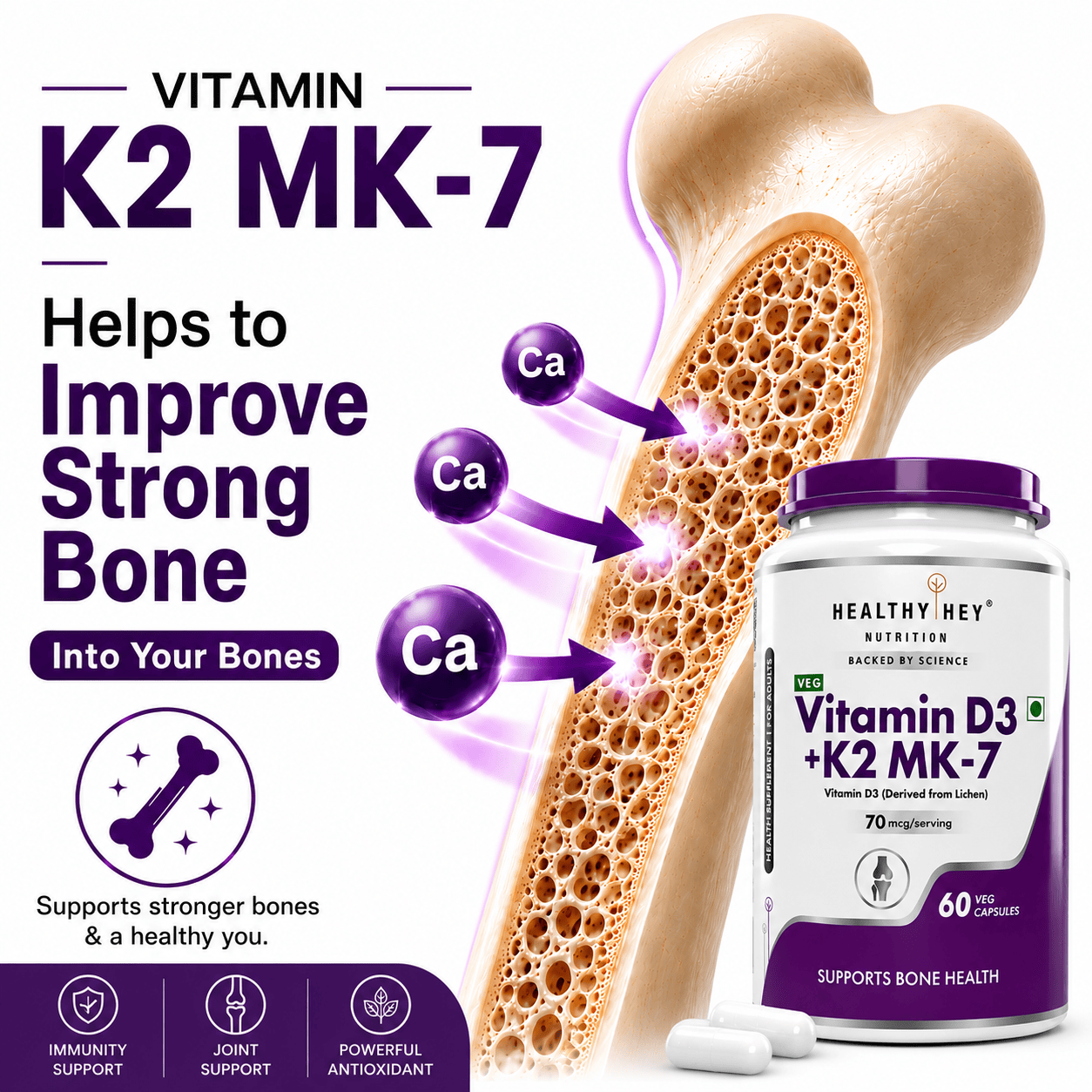HealthyHey Nutrition Capsules Vitamin D3 +K2 MK-7 Supplement Capsules | D3 Derived From Lichen Supports Bone Heath