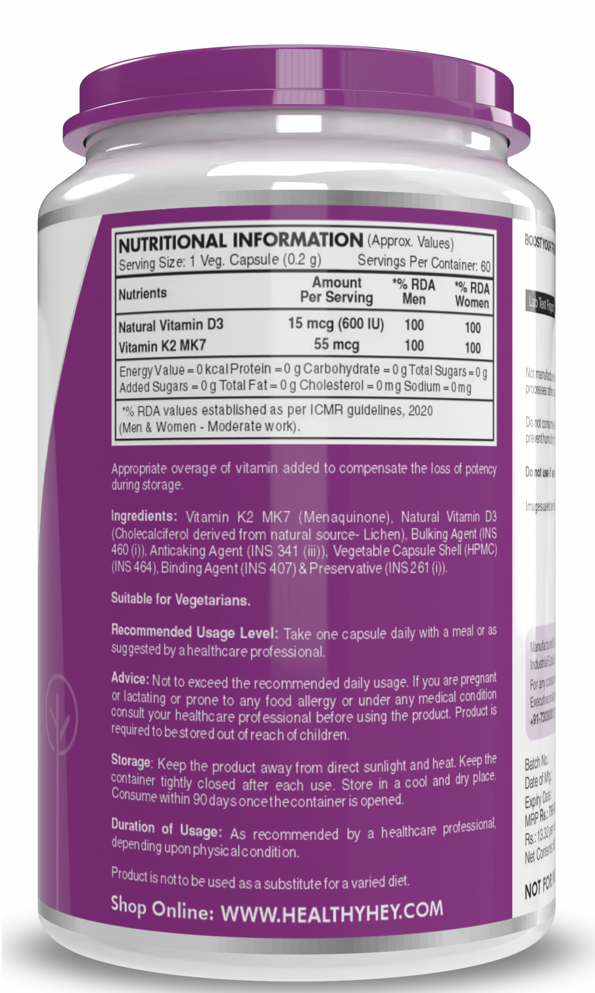 HealthyHey Nutrition Capsules Vitamin D3 +K2 MK-7 Supplement Capsules | D3 Derived From Lichen Supports Bone Heath