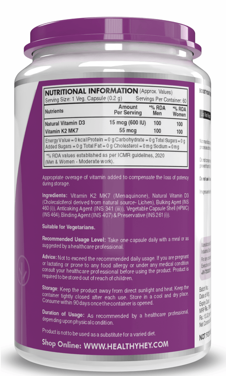HealthyHey Nutrition Capsules Vitamin D3 +K2 MK-7 Supplement Capsules | D3 Derived From Lichen Supports Bone Heath