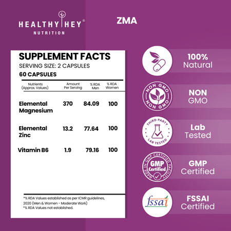 HealthyHey Nutrition Capsules ZMA Zinc Magnesium Aspartate Support Muscle Strength, Endurance & Recovery Support Immunity & Bone Health 60 Tablets