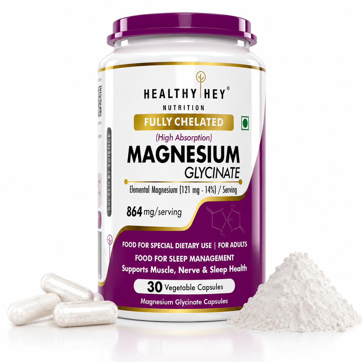 Magnesium Glycinate 14% Fully Chelated | 121 mg Elemental Magnesium per Serving | Non-Buffered | Vegetable Capsules - 30